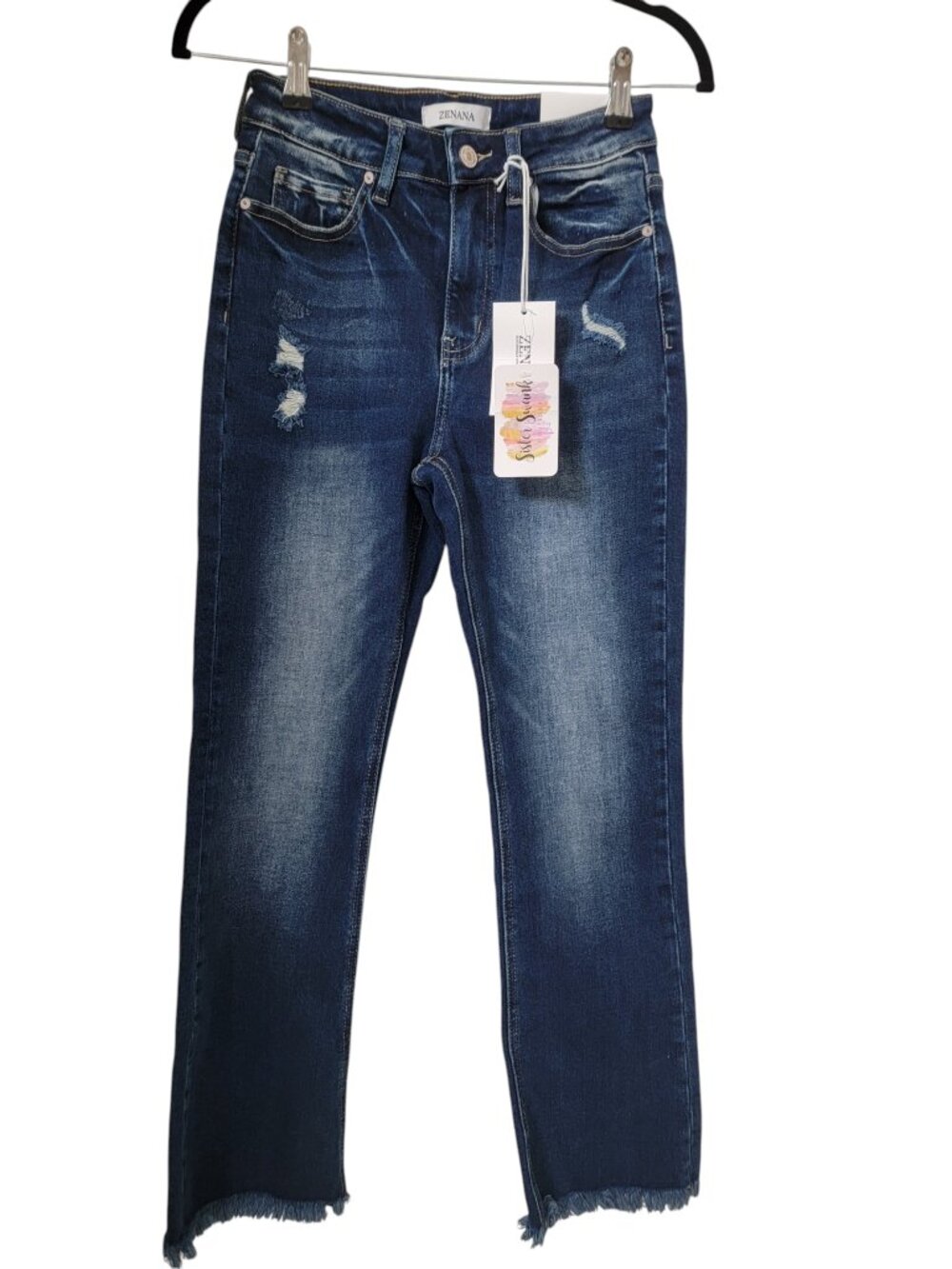 Zenana Size 26 "Day to Day" Medium to Dark Wash Distressed Denim Blue Jeans, NEW